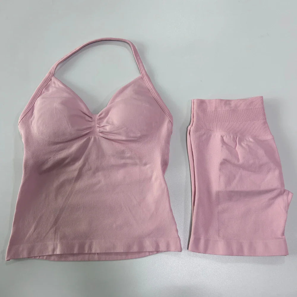 2Pcs Gym Set Women Backless Tank Tops High Waist Scrunch Seamless Shorts Gym Suit Fitness Clothes Activewear Workout Set