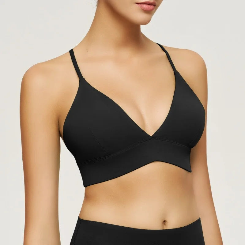Yoga Deep V Bra Crisscross Back Sports Bra Padded Low Impact Fitness Yoga Bra Wireless Workout Bras Strappy Crop Top