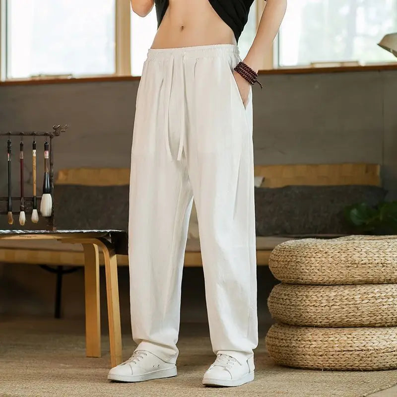 Men Elastic Waist Drawstring Wide Leg Pants Solid Color Loose Fit Casual Linen Blend Trousers