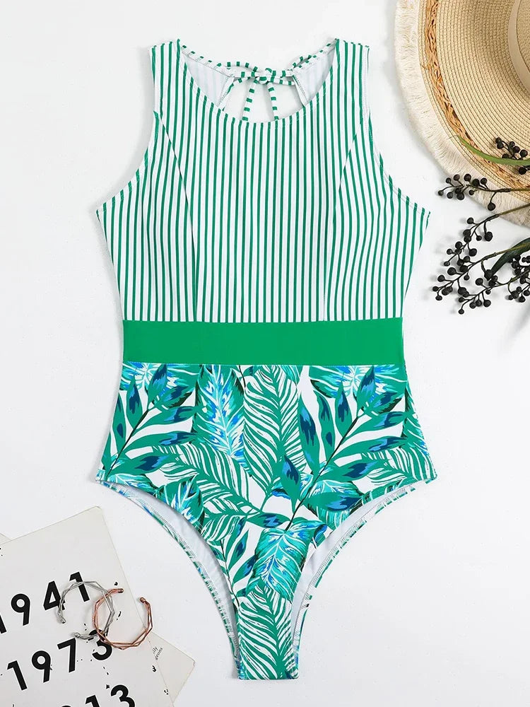 One Piece Swimsuit Women Striped Print Beachwear Hollow Out Lace Up Monokini Summer 2026 Bikinis Beach Fashion Bodysuit