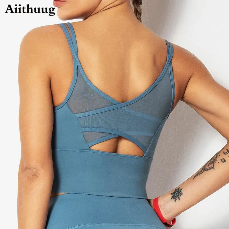 Mesh Breathable Yoga Bra Pilates Crop Bra Yoga Crops Gym Crop Fitness Top Quick Dry Spaghetti Strap Sports Bra