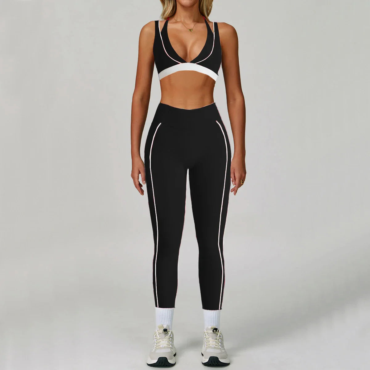 Pad 2PCS Yoga Set Sports Bras V-Neck Halter Pocket Fitness Workout Running Leggings Gym Woman Active Wear Clothing
