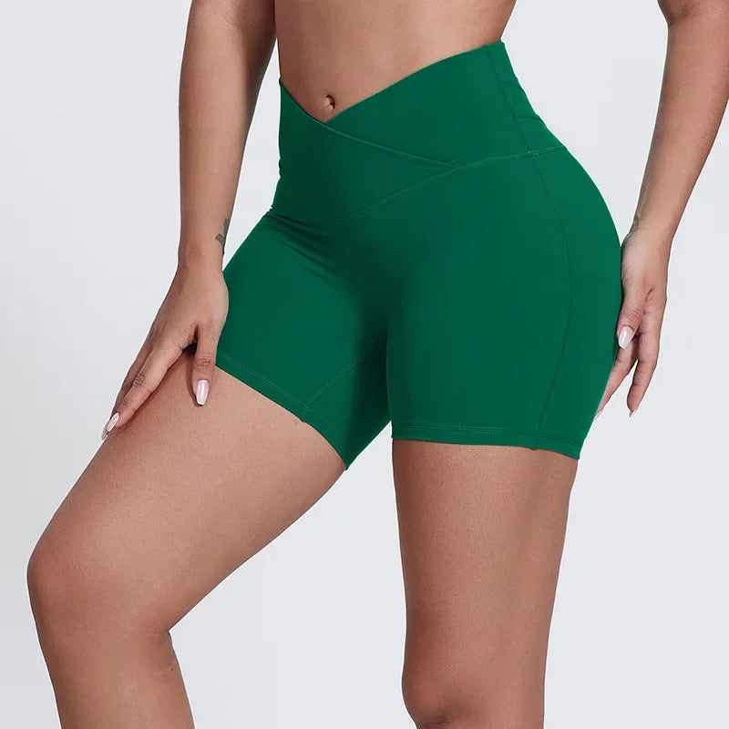 Peach Butt Lift Crossover Waist 4" Gym Shorts High Waist V Yoga Workout Running Shorts