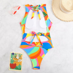 Color Block Swimsuit One Piece Backless Printed Swimwear Women Bathers Bathing Swimming Swim Suit Padded Beachwear Summer