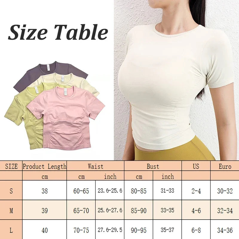Side Ruched Round Neck Yoga Short Sleeve Seamless Shirts Stretch Breathable Daily Sports Tennis Golf Tops Fitness Crops