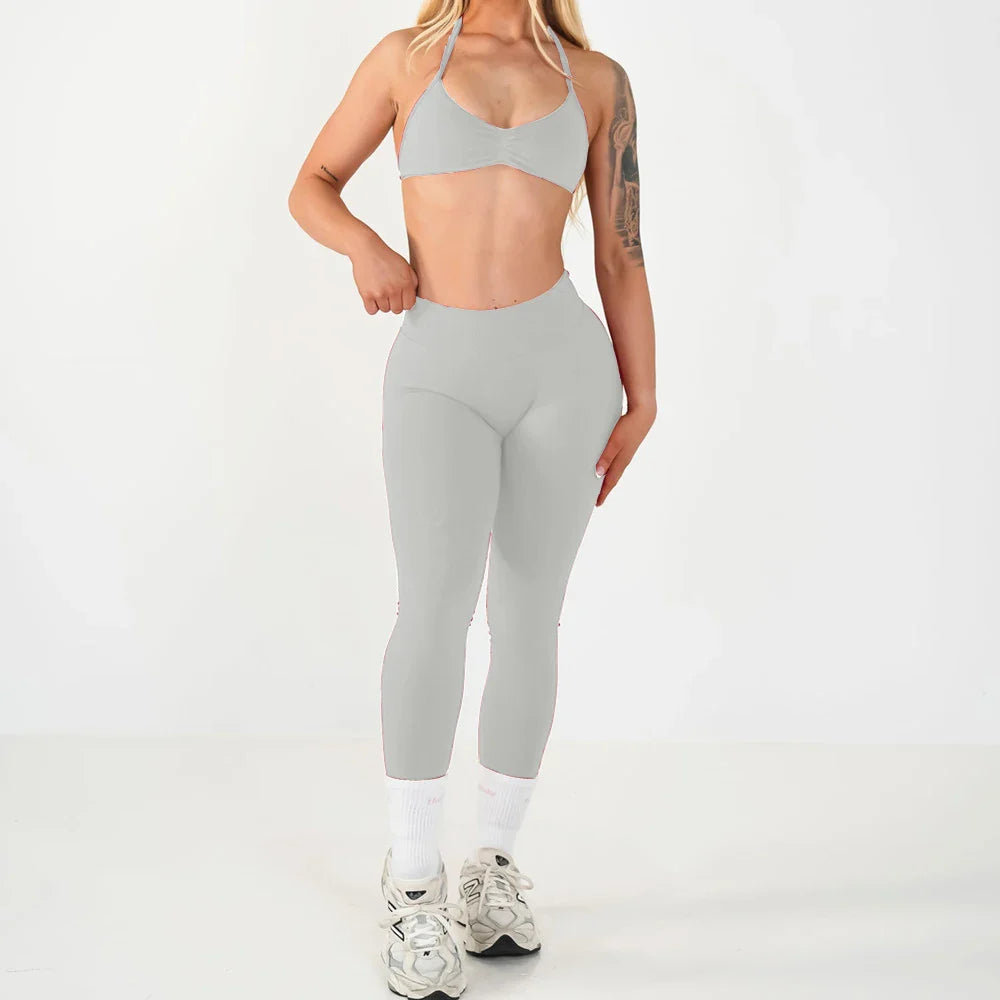2PCS Seamless Yoga Set Women Workout Scrunch Leggings Strappy Sports Bra Fitness Gym Clothing Workout Set XP389