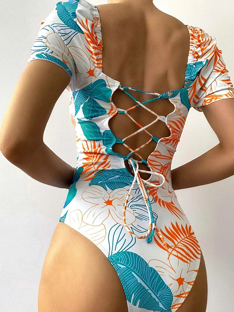 One Piece Swimsuit Women Floral Print Backless Beachwear Drawstring Short Sleeve Beach Bodysuit