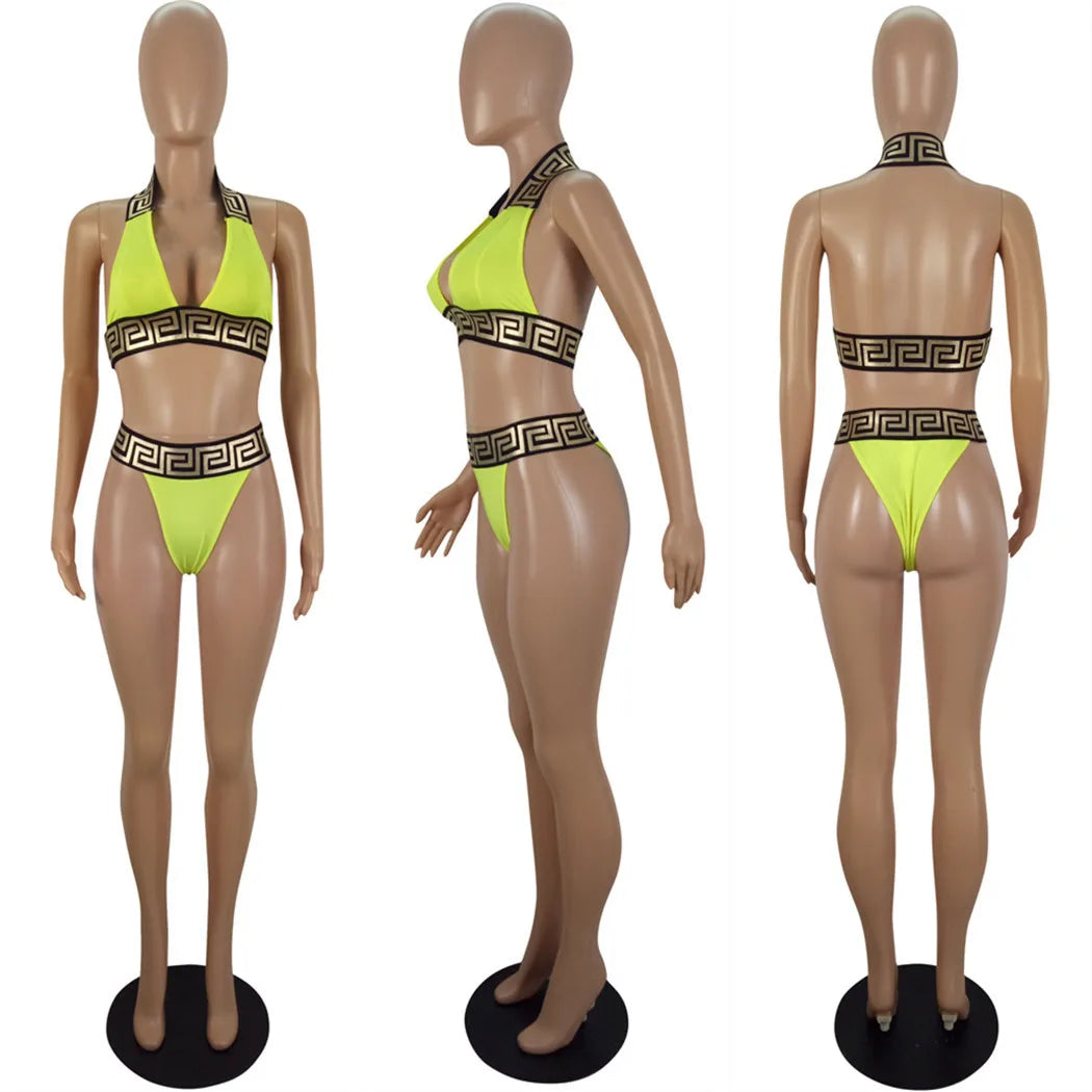 Print Black Push Up Bikini Two Pieces Set Women Swimwear Bandage Halter Swimsuit Bathing Suit