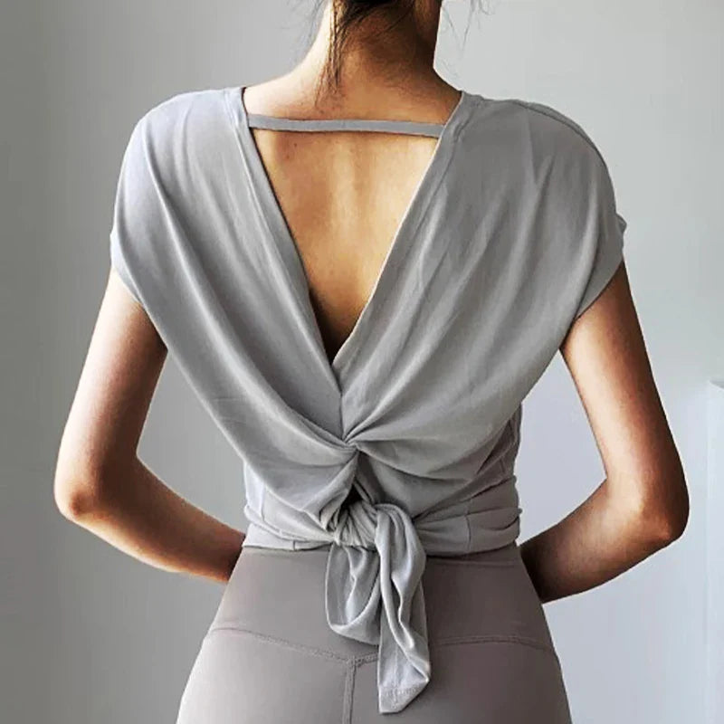 Aiithuug U Neck Cross Back Open Yoga Tops Loose Vest Short Sleeves Quick Drying Breathable Tops Workout Pilates Cover-up Shirts