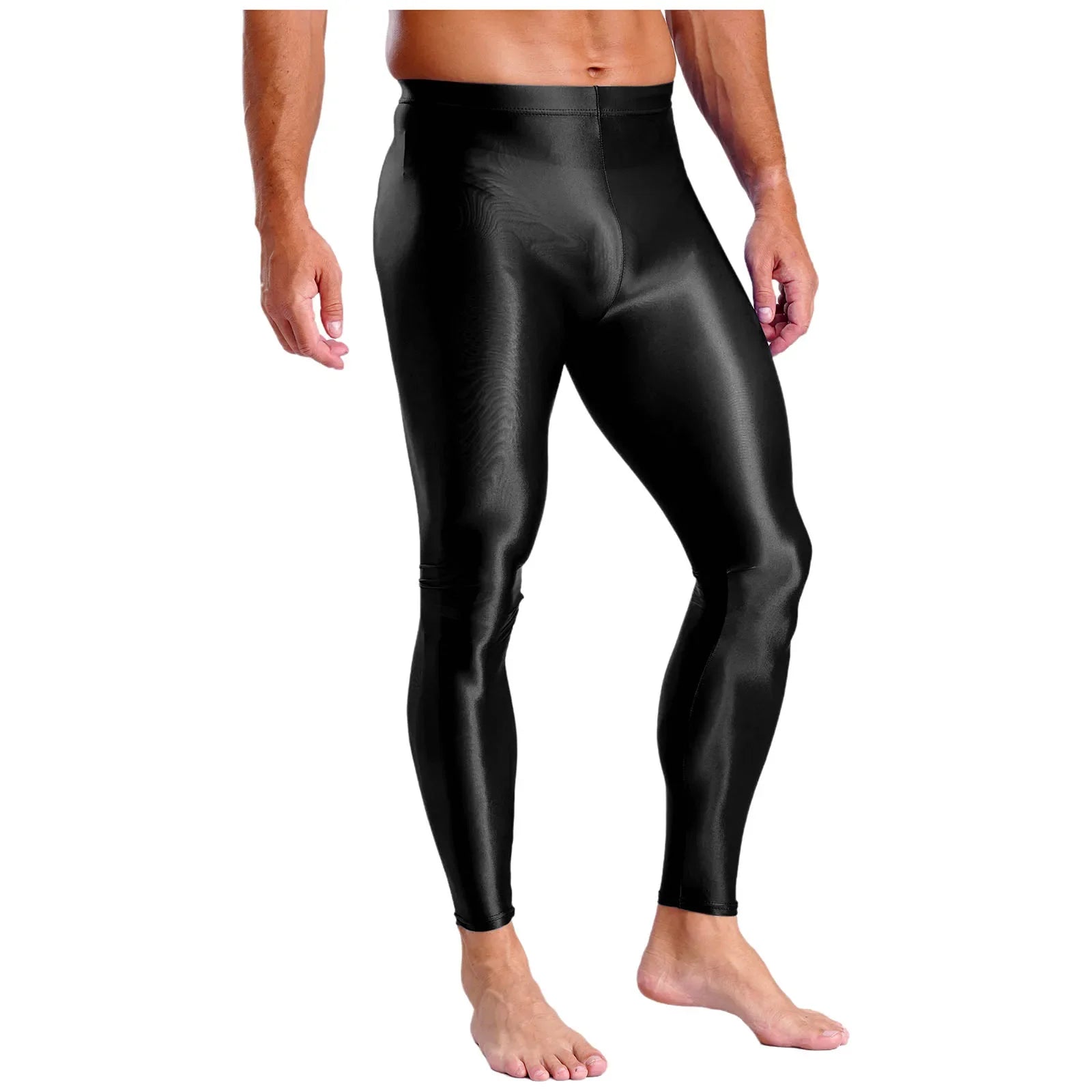Mens Breathable Pure Color Oil Sports Pants Shiny Metallic Stretchy Casual Leggings Gym Running Workout Fitness Pants Trousers