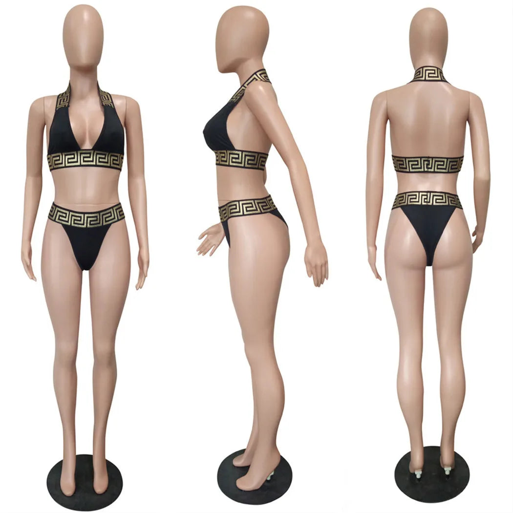 Print Black Push Up Bikini Two Pieces Set Women Swimwear Bandage Halter Swimsuit Bathing Suit