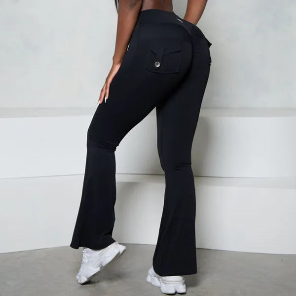 Pocket Button Flare Leggings High Waist Wide Leg Yoga Pant Women Gym Fitness Sport Dance Trousers Active Bottoms