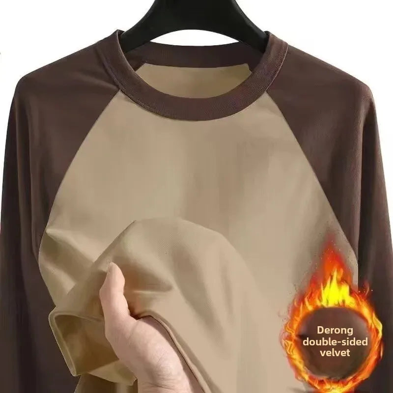 Double-Sided Men's Long Sleeve Crew Neck Thermal T-Shirt Winter Warm Clothing Solid Color Contrast Color German Velvet Base Shirt