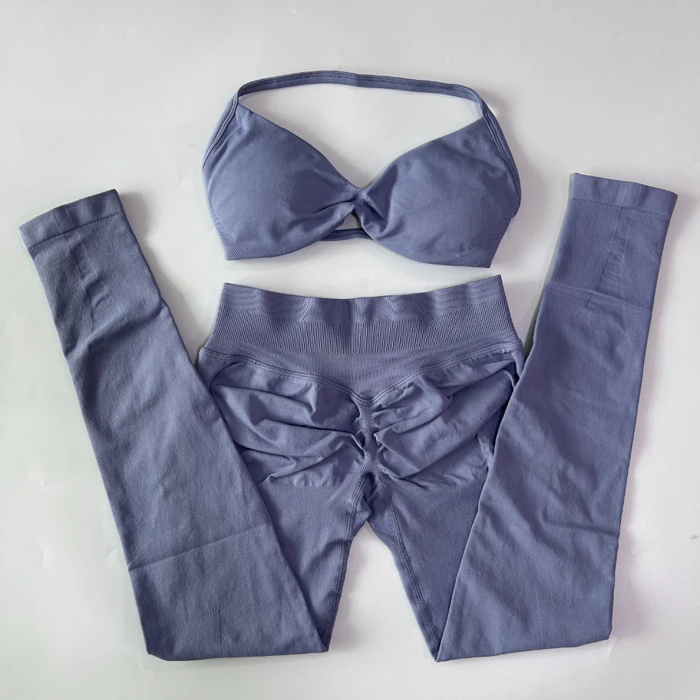 2 Pieces Set For Woman Strappy Yoga Bra Sports Top Workout Leggings Set Seamless Gym Set Fitness Clothes Outfit Activewear