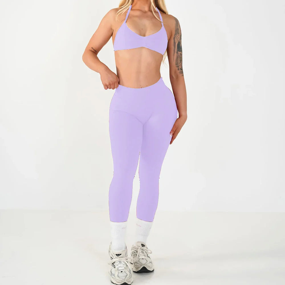 2PCS Seamless Yoga Set Women Workout Scrunch Leggings Strappy Sports Bra Fitness Gym Clothing Workout Set XP389