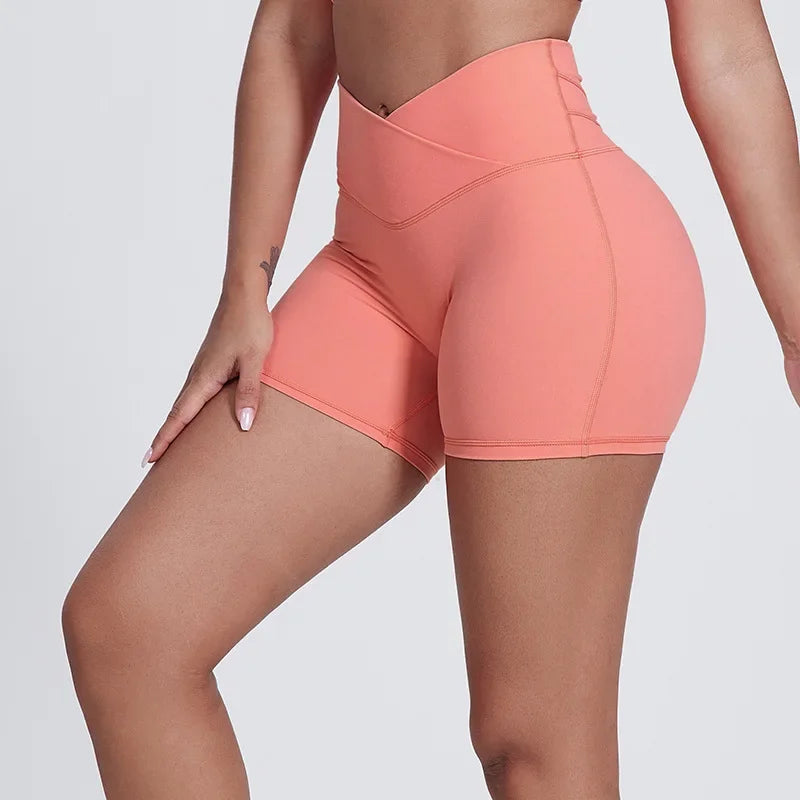 Peach Butt Lift Crossover Waist 4" Gym Shorts High Waist V Yoga Workout Running Shorts