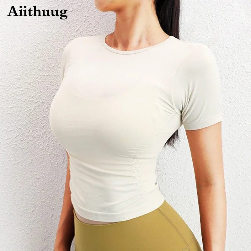 Side Ruched Round Neck Yoga Short Sleeve Seamless Shirts Stretch Breathable Daily Sports Tennis Golf Tops Fitness Crops