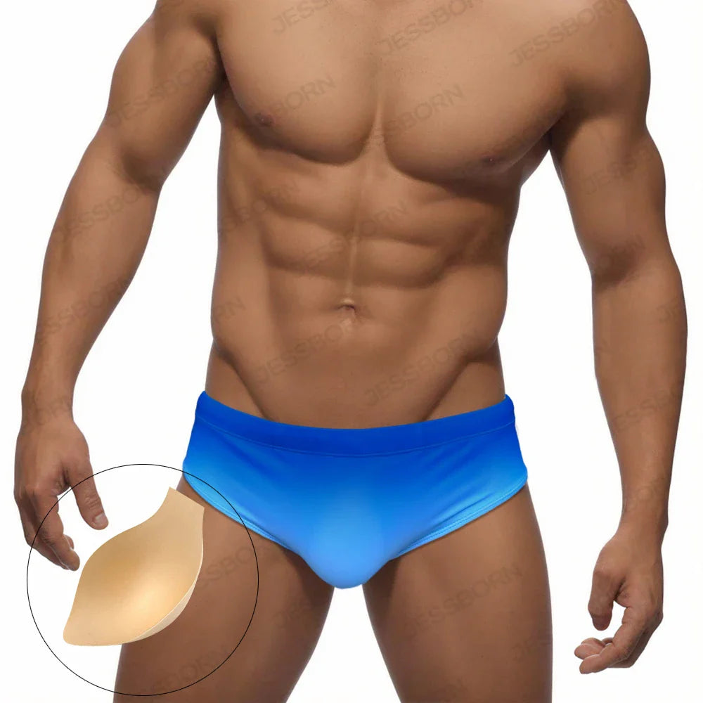 Men's Solid Gradient Swim Briefs Low Waist Pad Push Up Bathing Suit Polyester Quick Dry Male Sport Beach Surfing Swimwear