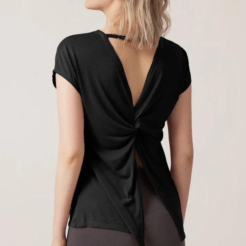 Aiithuug U Neck Cross Back Open Yoga Tops Loose Vest Short Sleeves Quick Drying Breathable Tops Workout Pilates Cover-up Shirts