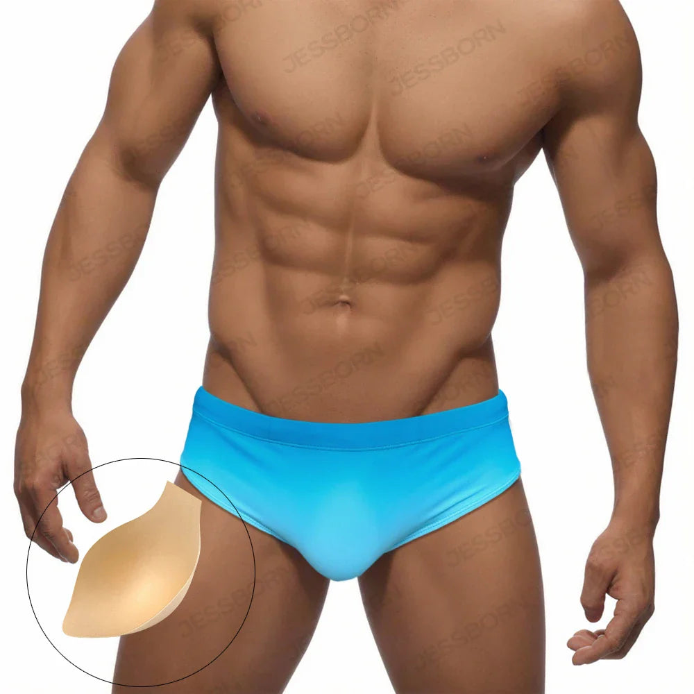 Men's Solid Gradient Swim Briefs Low Waist Pad Push Up Bathing Suit Polyester Quick Dry Male Sport Beach Surfing Swimwear