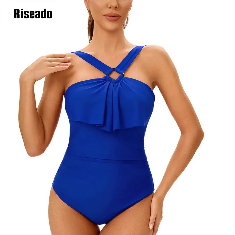Women's One Piece Swimsuits Tummy Control Halter High Waisted Bathing Suit with Ruffle Shoulder