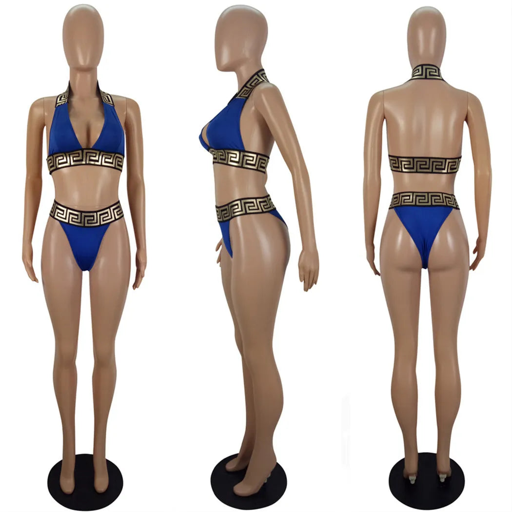 Print Black Push Up Bikini Two Pieces Set Women Swimwear Bandage Halter Swimsuit Bathing Suit