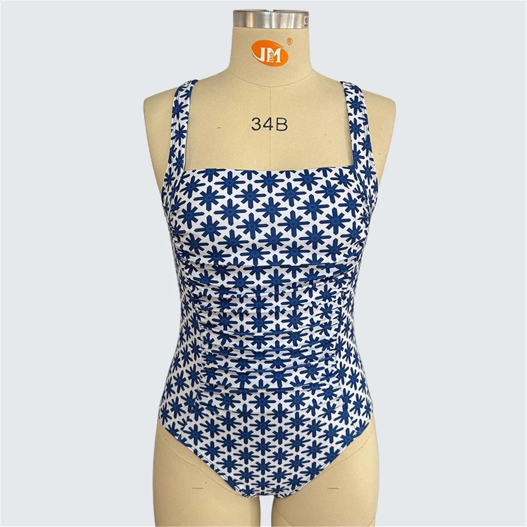 S - XXL Printed Wrinkled Women Swimwear One Piece Swimsuit Female High Leg Cut Monokini Padded Bather Bathing Suit Swim