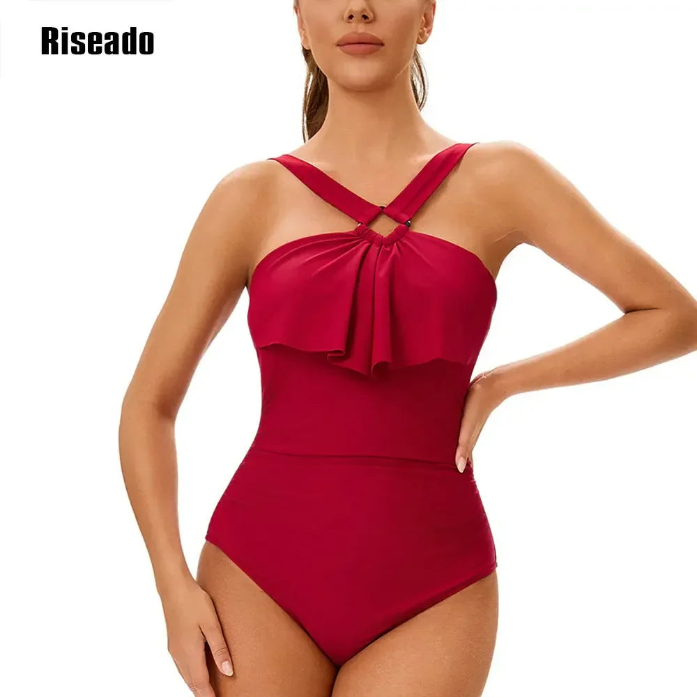Women's One Piece Swimsuits Tummy Control Halter High Waisted Bathing Suit with Ruffle Shoulder