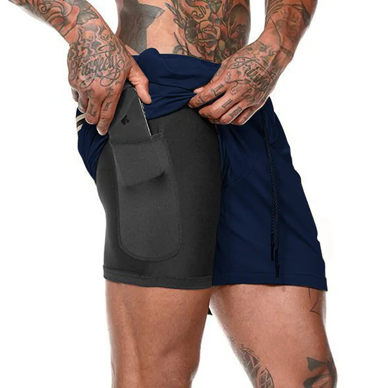 European Men's Sports Summer Double Layer Mobile Phone Pants Gym Exercise Jogging Training Shorts