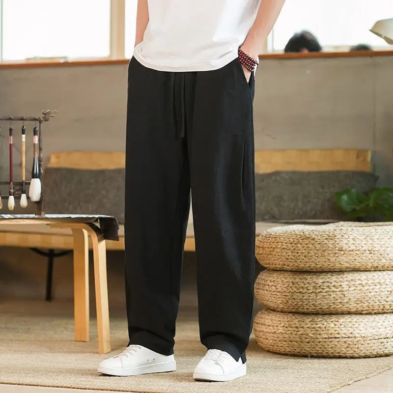 Men Elastic Waist Drawstring Wide Leg Pants Solid Color Loose Fit Casual Linen Blend Trousers