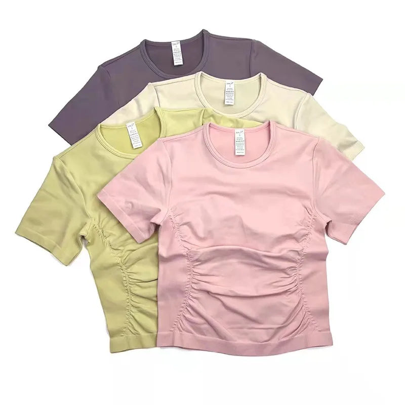 Aiithuug Seamless Slimming Waist Up Yoga Short Sleeve Gym Shirts Stretch Breathable Daily Sports Tennis Golf Tops Fitness Crops