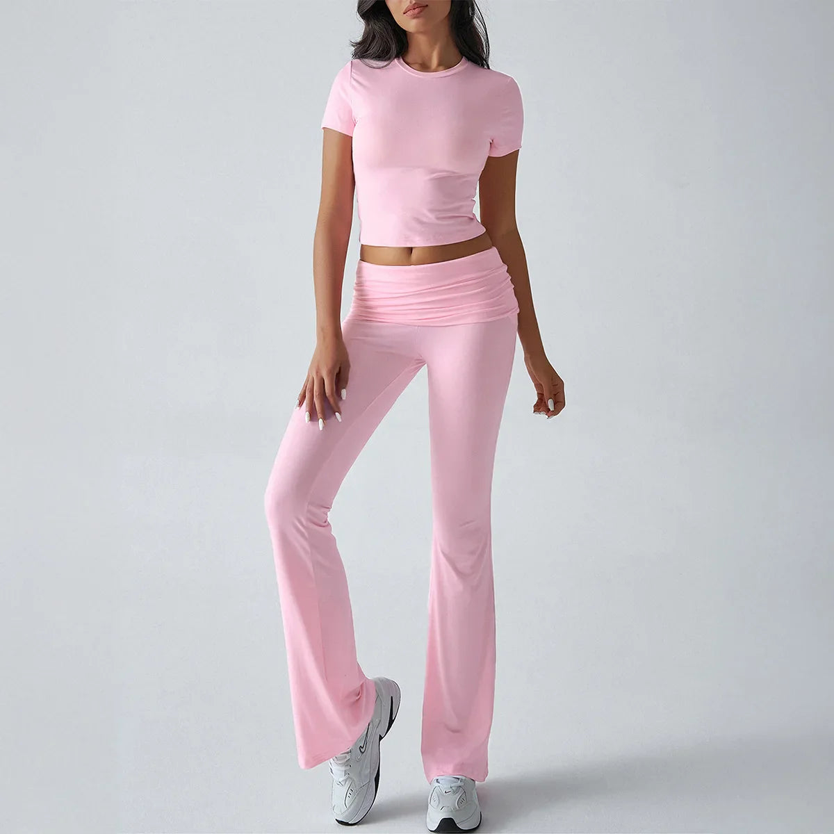 Foldable 2PCS Yoga Set Women Short Sleeve Crop Top Slim Fit High Waist Flare Leggings Fitness Suit Workout Gym Running Tracksuit