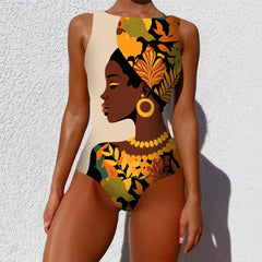 Colour Print Design One-piece Swimsuit Classic Printed Lace Up Swimsuit Women's Push Up Flower One-piece Suit Beach Wear For Female