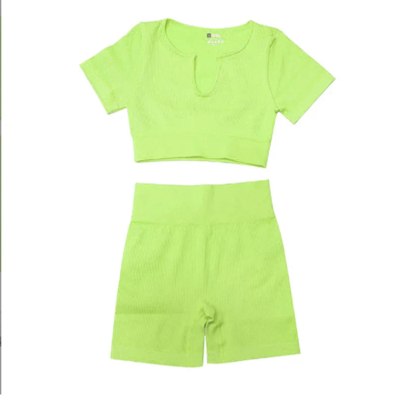 Ribbed Yoga Clothing Sets Women High Waist Shorts Short Sleeve Two Piece Set Seamless Tracksuit Fitness Workout Outfits Gym Wear