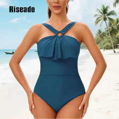 Women's One Piece Swimsuits Tummy Control Halter High Waisted Bathing Suit with Ruffle Shoulder