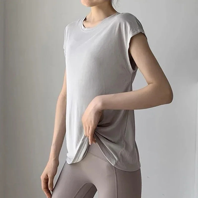 Aiithuug U Neck Cross Back Open Yoga Tops Loose Vest Short Sleeves Quick Drying Breathable Tops Workout Pilates Cover-up Shirts