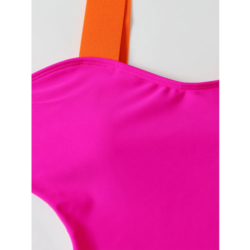 Hot Pink Color Block One-piece Swimsuit Women Neon Swimwear