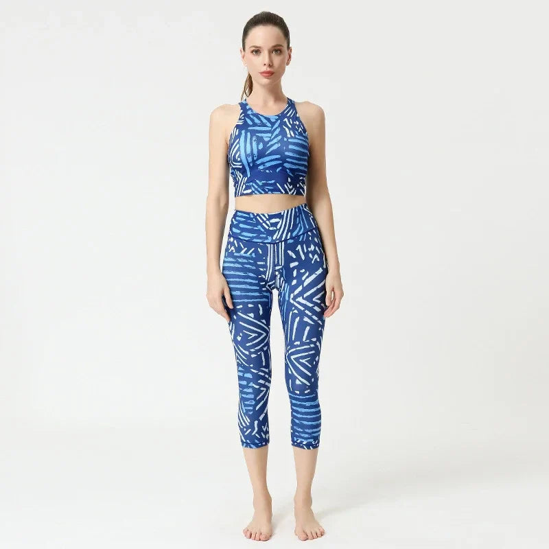 Printed Yoga Set Women's Quick-drying Beautiful Back Sports Bra High Waist Hip Tight Pants Breathable Fitness Clothes