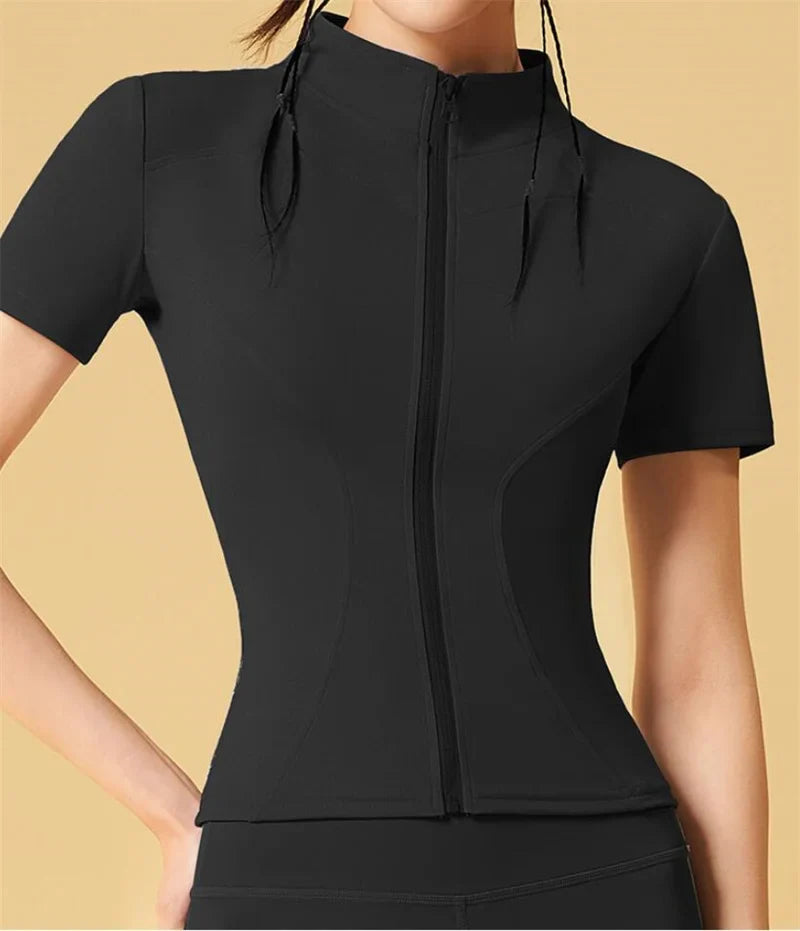Aiithuug Yoga Tops Zipper Short Sleeve Gym Shirts Waist Slimmer Zip Up Sports Workout Top Fitness Jackets Running Slim Fit Tops