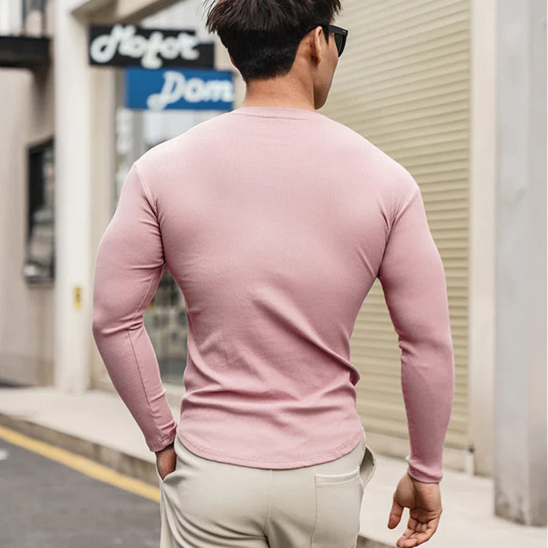 Fashion Casual Compression Shirt Large Sports Workout T-shirt Men's Elastic Long Sleeve Autumn V-Neck Gym
