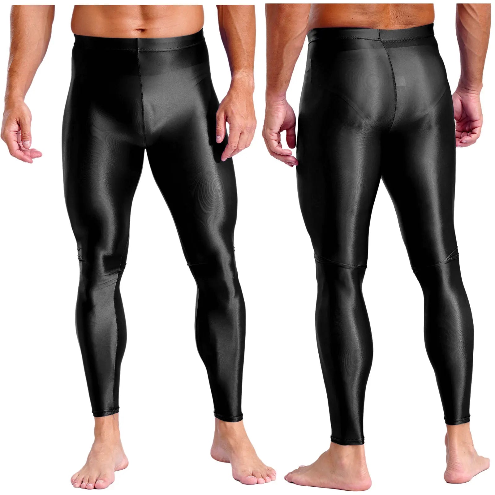 Mens Breathable Pure Color Oil Sports Pants Shiny Metallic Stretchy Casual Leggings Gym Running Workout Fitness Pants Trousers