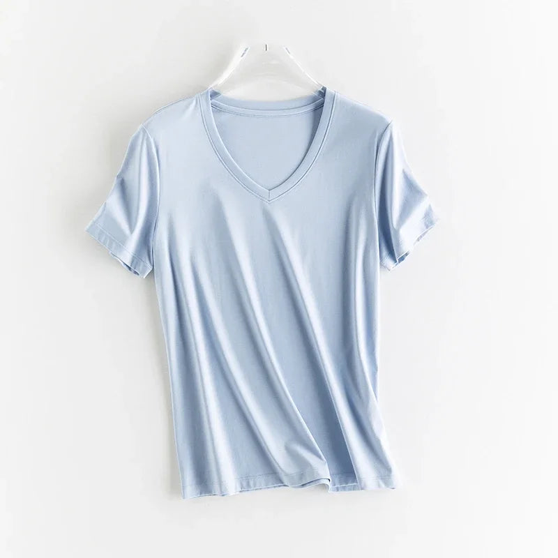 10% Silk & Mercerized Cotton Women T-shirt Luxury Tee Short Sleeve Silky Feeling Summer Wear Tops V / O-neck