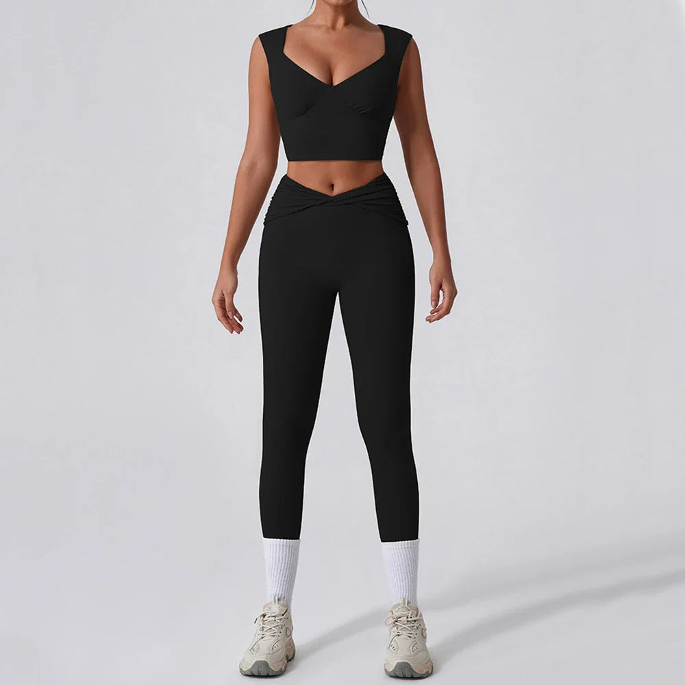 2PCS Women Yoga Set Workout Pant Outfits Fitness Sportswear Gym High Waist Flare Leggings Sports Bra Athletic Tracksuit