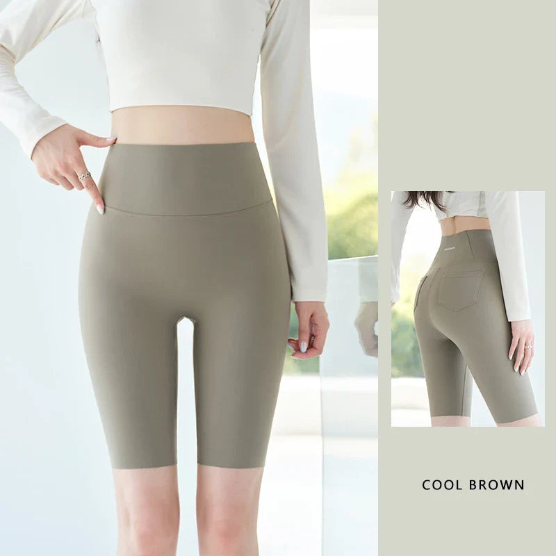 Summer Back Pocket Sharkskin Cycling Shorts Women Cool Knee Length Short Leggings Casual Elastic Sport Biker Shorts
