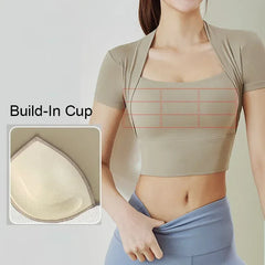 Fabric Yoga Crop Short Sleeve Build-in Bra Square Neck Gym Crop Top Workout Bra Crop U Neck Yoga Crops with Bra