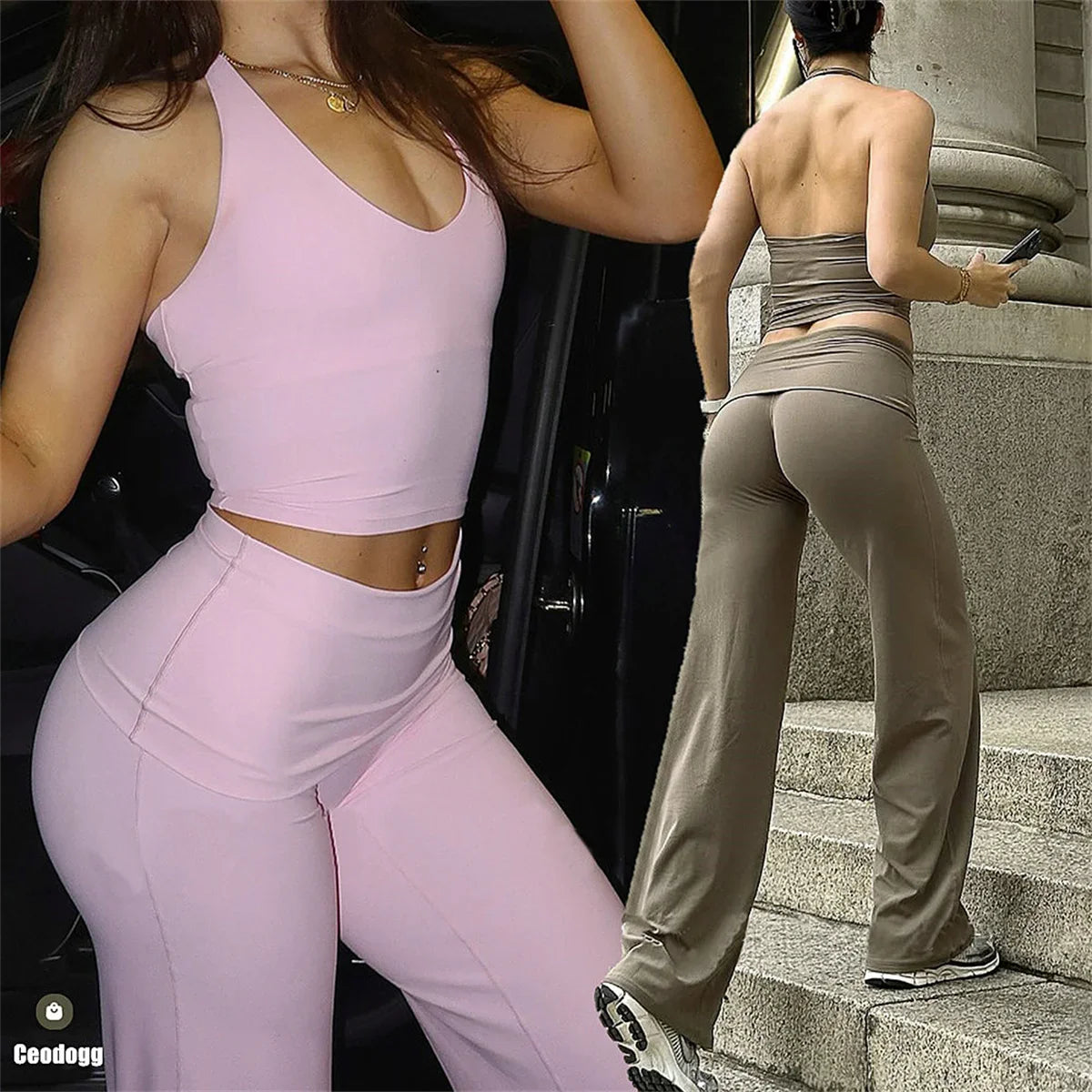 Fold Over Straight leg Bottoms Yoga Pants Gym Workout Flare Leggings Women Fitness Female Push Up Sports Tights Active Wear