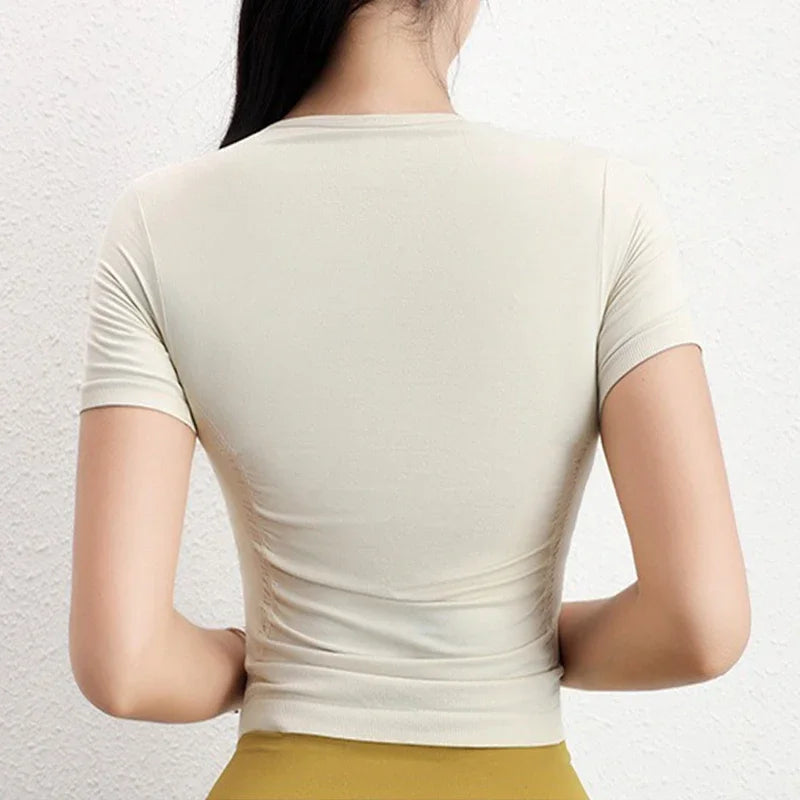 Side Ruched Round Neck Yoga Short Sleeve Seamless Shirts Stretch Breathable Daily Sports Tennis Golf Tops Fitness Crops