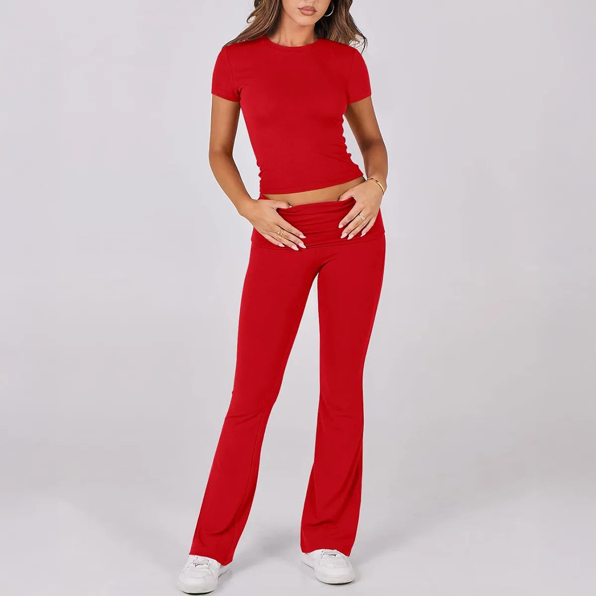 Foldable 2PCS Yoga Set Women Short Sleeve Crop Top Slim Fit High Waist Flare Leggings Fitness Suit Workout Gym Running Tracksuit