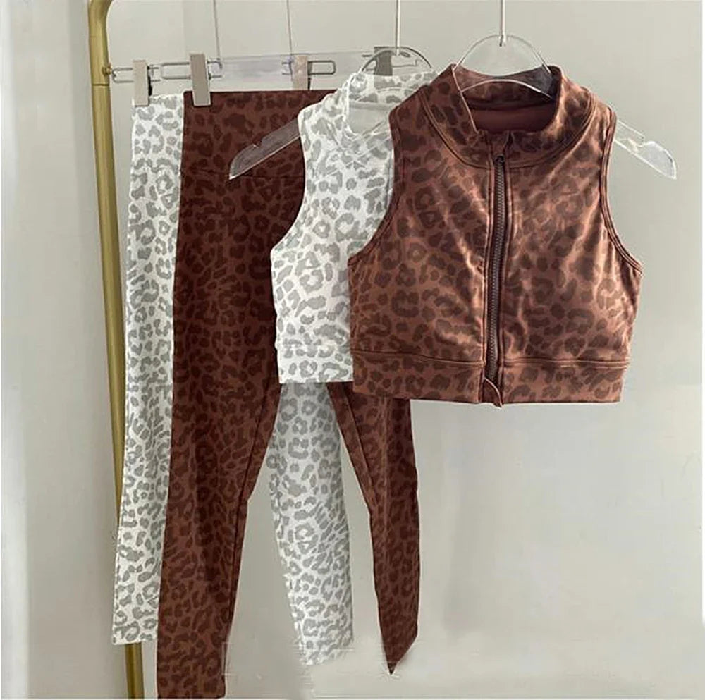 1/2PCS Zipper Leopard Sport Gym Yoga Sets Women Sport Bra Scrunch Pants Fitness Leggings Suits Workout Clothes for Women