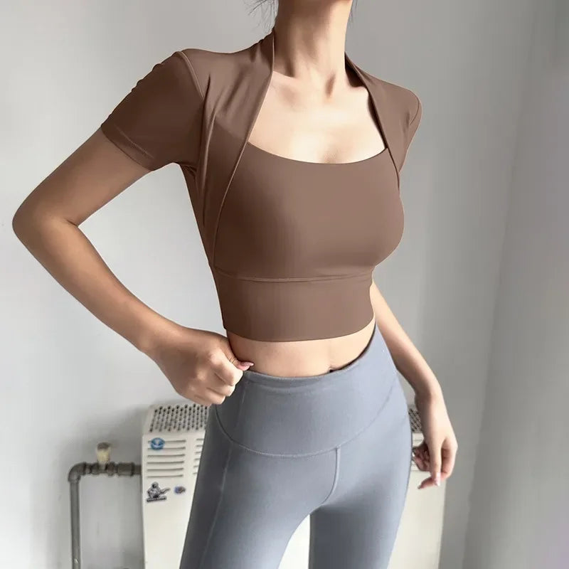 Fabric Yoga Crop Short Sleeve Build-in Bra Square Neck Gym Crop Top Workout Bra Crop U Neck Yoga Crops with Bra